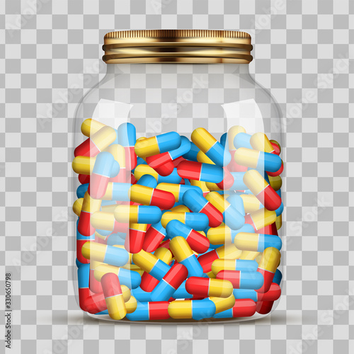 Jars with pills. The concept of consumption and stock of drugs in large quantities. Glass jar with lots of pills. Vector Illustration isolated on transparent background.