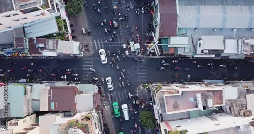 top view of a busy crossroad  in center of Ho Chi Minh city, Vietnam