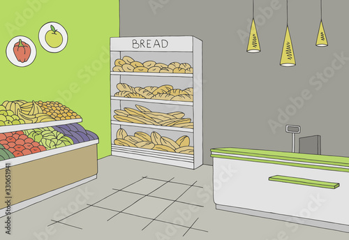 Grocery store shop interior color graphic sketch illustration vector