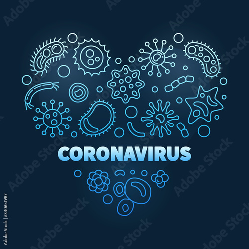 Coronavirus vector concept linear heart blue illustration on dark background