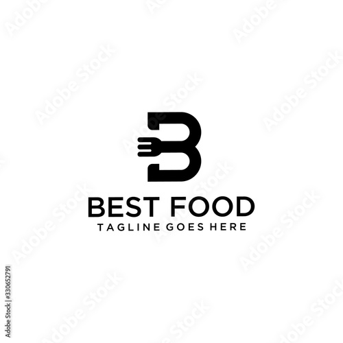 Illustration of restaurant with initials B with a fork cut straight in the middle logo design.