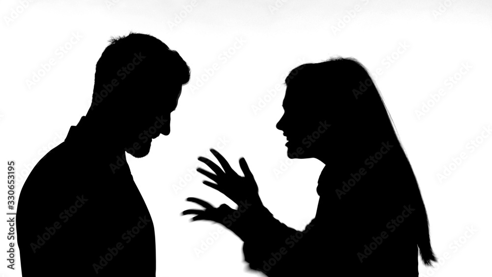 The Silhouette of Woman Fighting with Man against White Background