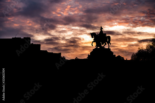 Colorful Sunrise burning sky Koblenz City historic monument German Corner where river rhine and mosele flow together