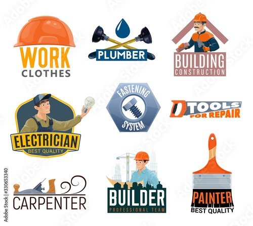 Construction and repair tools vector icons. Electrician, plumber, painter and carpenter service emblems with builders, work tools and equipment, light bulb, paint brush and hard hat