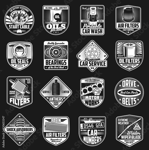 Car maintenance and spare part vector icons, service and mechanic garage station. Vehicle engine motor oil, gear and bearings, start cable, air and fuel filters, number plate, wiper blade and anther