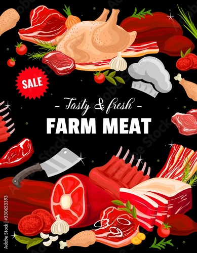 Beef, pork, ham, bacon and turkey meat. Vector steaks, bacon stripes and ham, chicken legs, turkey and lamb sirloin, veal, lamband beef meat, butcher knife, spices and herbs. Butcher shop products
