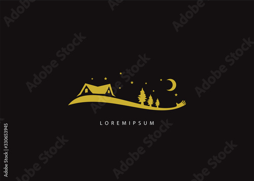 Dreamland landscape, hand dream Garden house, night entertainment logo.