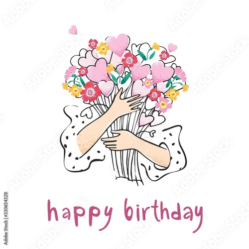 Colored birthday card concept. The girl's hands hold a bouquet of flowers with hearts drawn by hand on a white background. Decorative poster about love and care. Cute cartoon vector illustration