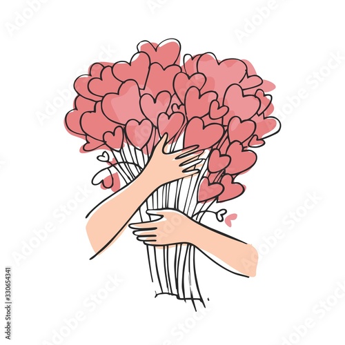 Girl's hand holding a bouquet with hearts instead of flowers, the painted line on white background. Valentine's day card. Banner concept is about the ability to give love and care. Vector illustration