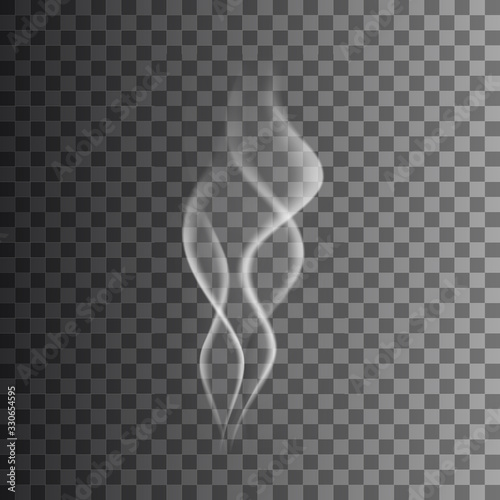 Transparent white cigarette smoke waves on dark background. Steam from coffee, tea or hot food.