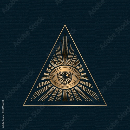 All seeing eye vector, illuminati symbol in triangle with light ray, tattoo design isolated on white background