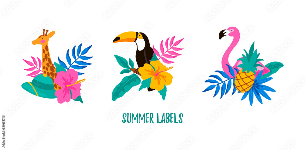 Set of hand drawn summer labels with giraffe, flamingo, toucan, tropical leaves, flowers and pineapple. Vector illustration.