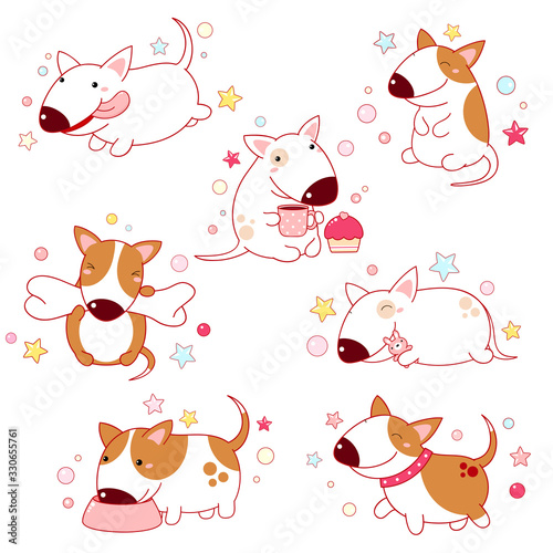 Foto Set of cute cartoon bull terriers in various poses