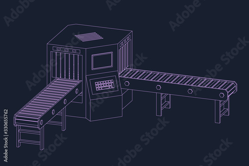 Empty conveyor belt with monitor. Vector outline illustration