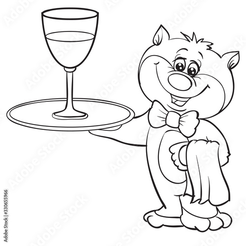the cat the waiter holds in his paw a tray with a glass, on the second paw a white towel hangs, a figure in the outline, an isolated object on a white background, vector illustration, eps