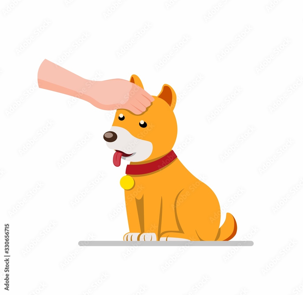 human hand touch puppy, petting dog in cartoon flat illustration vector