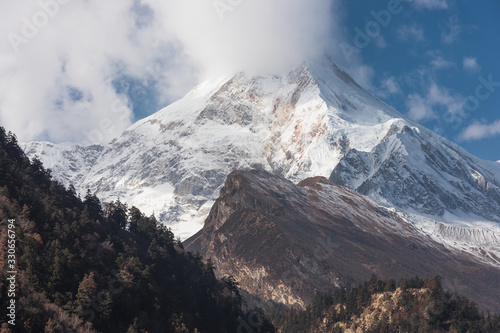 Manaslu mountain peak view from Lho village, Eighth highest peak in the world, Himalaya range in Nepal