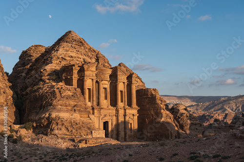 Ad Deir or the Monastery in Petra ruin and ancient city at sunset, Jordan, Arab
