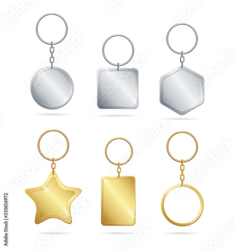 Realistic Detailed 3d Empty Template Shiny Golden and Silver Metal Keychains Set. Vector
