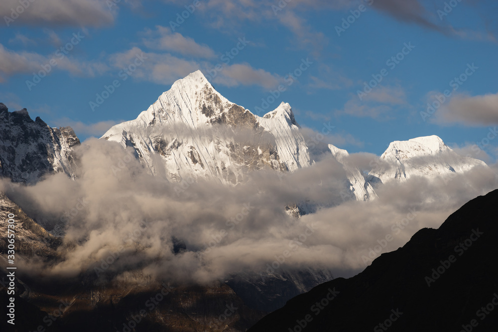 Snow mountain peak in Everest region, Himalaya mountain range in Nepal