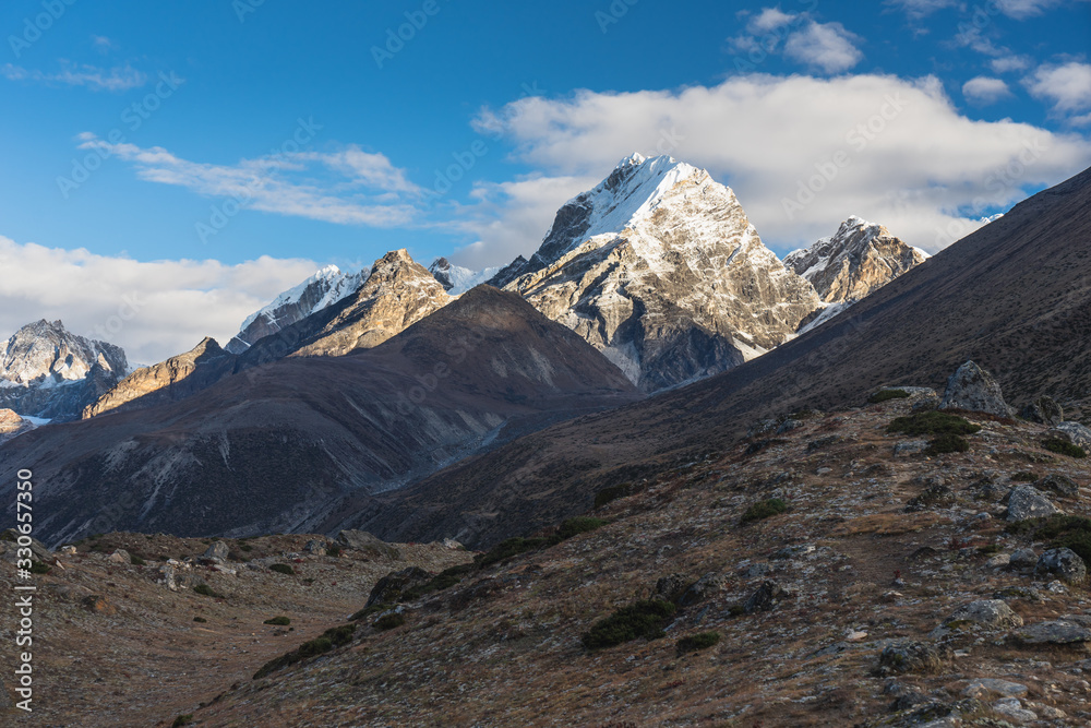 Lobuche peak in a morning sunrise view from Dingboche village, Everest region, Nepal