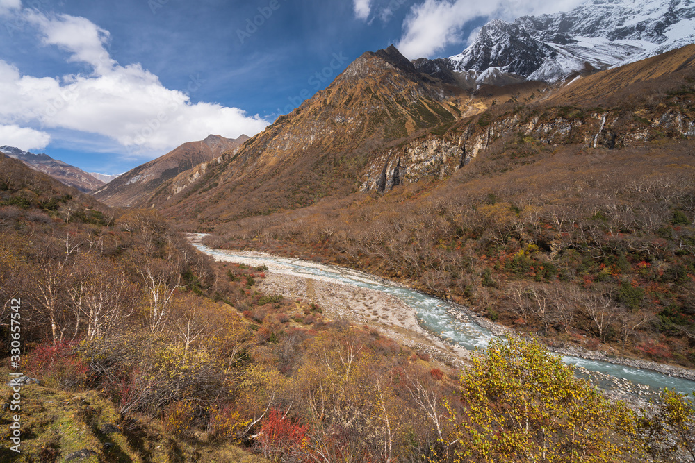 Beautiful landscape of mountain and river in Manaslu circuit trek in autumn season, Nepal