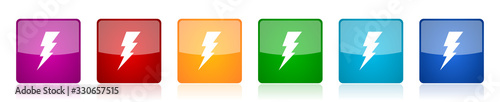 Bolt icon set, colorful square glossy vector illustrations in 6 options for web design and mobile applications