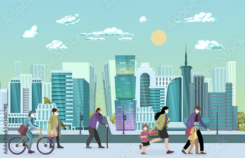 Urban street with roads, urban buildings skyscrapers. Road is crossroads with pedestrian crossing. Group people wearing protective face masks. Chinese virus coronavirus epidemic vector