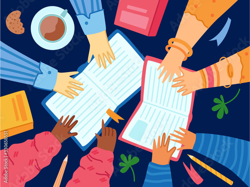 top view people hands with books and stationery, coffee cup, notebook and pencil. Team work or studying concept. People read books together. flat cartoon square composition literature concept - vector