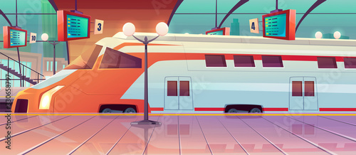 Railway station with high speed train and platform with schedule. Vector cartoon illustration of empty interior of subway waiting terminal with locomotive on railroad. Arrival passenger express