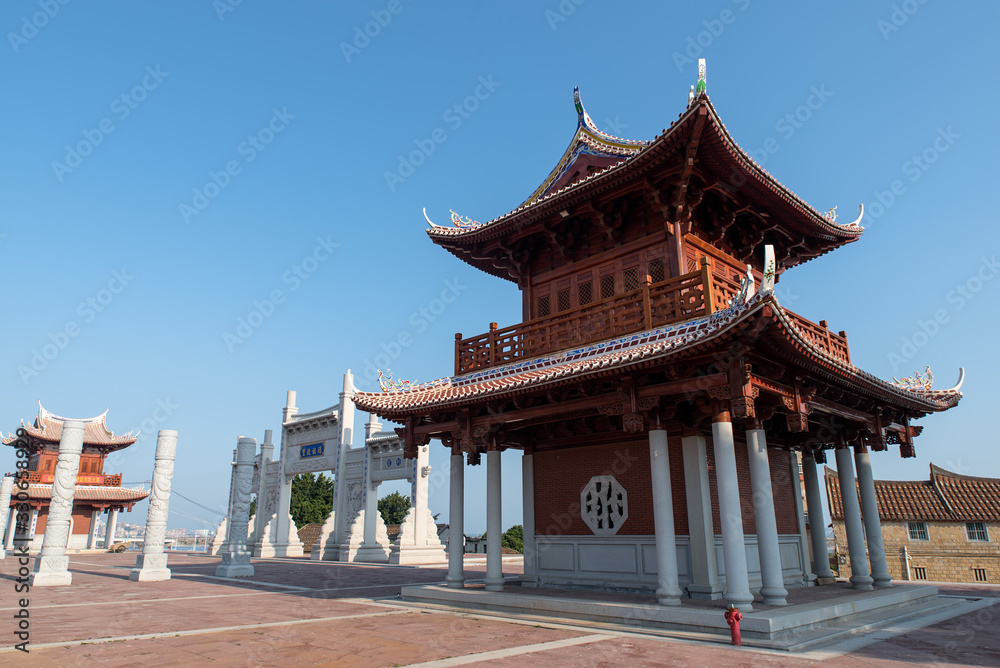 The eaves of Chinese architecture are beautiful in color and style under the blue sky