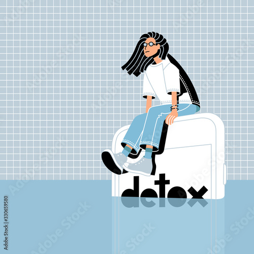 Digital detox concept. Woman is sitting on the phone looking at the sea on vacation trip.