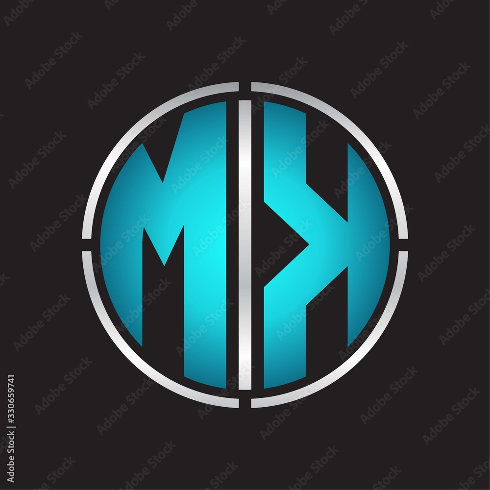 MK Logo initial with circle line cut design template on blue colors MK Logo initial with circle line cut design template on blue colors