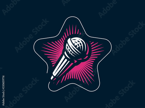 Karaoke club. Design microphone on star. Vector template for emblem.