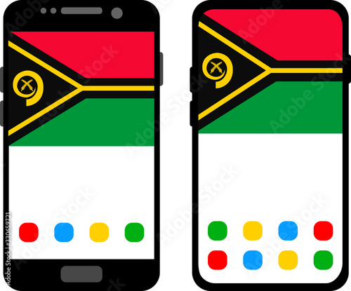 Two black smartphones with a home screen and wallpaper with the flag of Vanuatu: old model with gray buttons and new model without buttons. Vector graphics, illustration