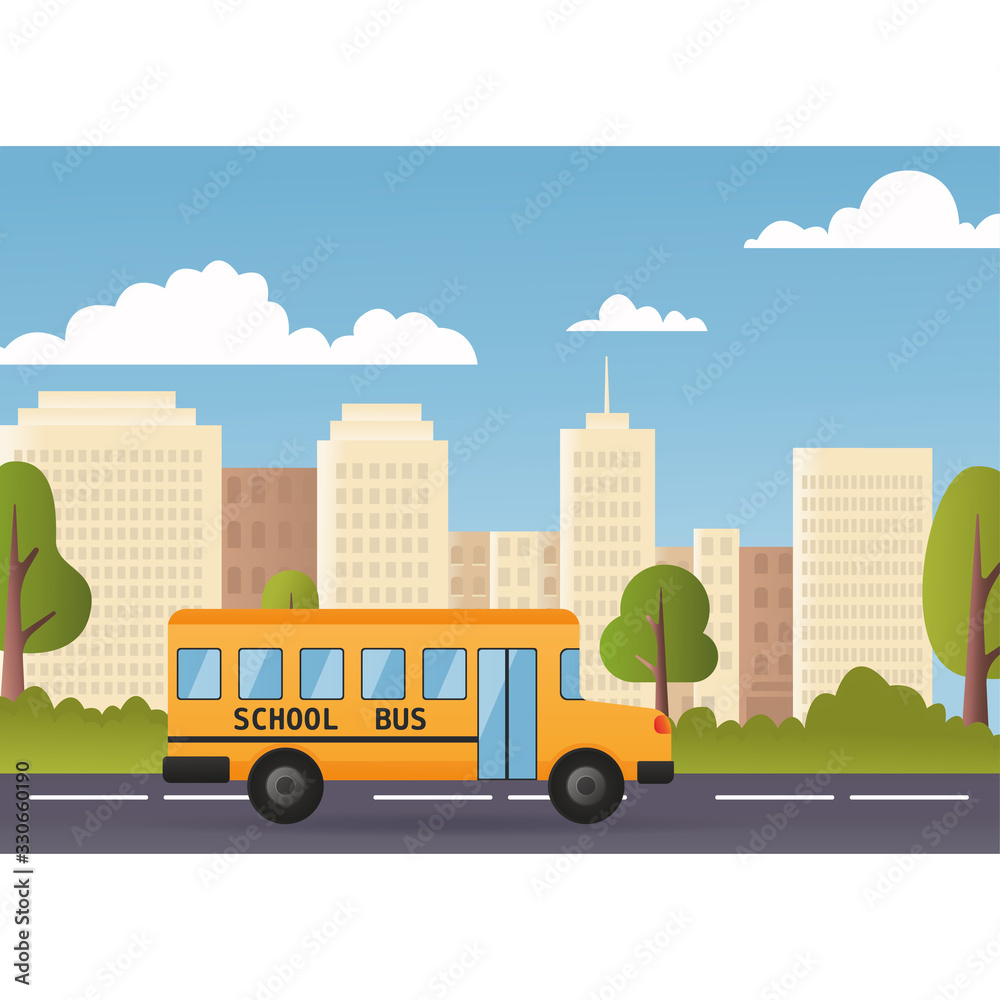 Yellow Bus Riding Back To School 1 September Flat Vector Illustration. Modern city on background