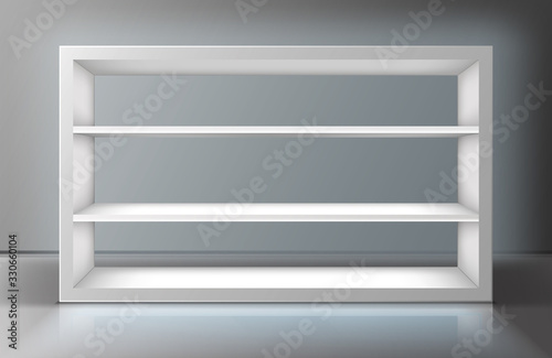 White showcase with shelves in shop, boutique or gallery. Vector realistic mockup of empty display stand, rack or bookshelf for presentation products or museum exhibition