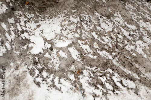 Dirty snow spring background. Old and dirty snow texture. Natural background. Snow mixed with coal soot, poor ecology. Environmental pollution.