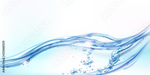 Fresh clean water flowing wave with bubbles and drops. Vector illustration with realistic clear blue aqua splash on white background. Flow of pure liquid drink photo