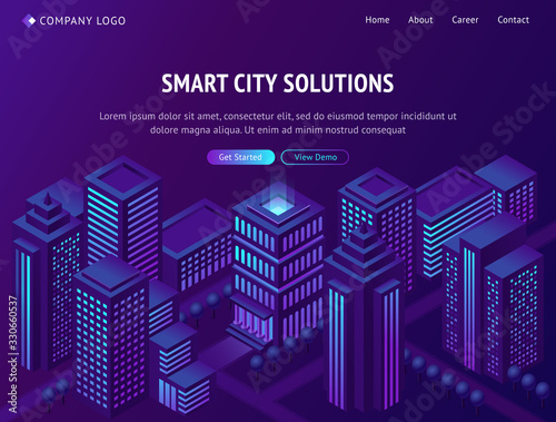 Fototapeta Naklejka Na Ścianę i Meble -  Smart city solutions isometric landing page, futuristic metropolis town with neon glowing skyscrapers, smartcity futuristic buildings, streets on purple background. 3d vector illustration, web banner