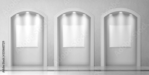Arches in wall with columns and illuminated blank signboards, curved interior gates with white pillars and empty banners in art gallery or museum, archway classic frames, Realistic 3d vector mock up