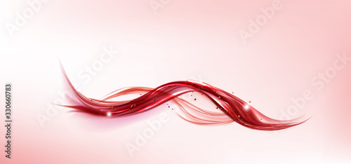 Red water splash wave with air bubbles and sparkles. Dynamic motion of liquid with, pure hydration element for cosmetics or drink ad isolated on pink background. Realistic 3d vector illustration