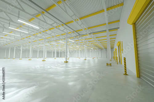 3D render Industrial empty warehouse factory light room. automobile warehouse, logistics, production, factory. Copy space