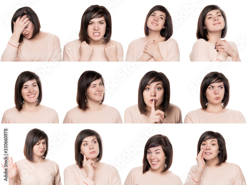 emotions of a girl collage on a white background isolate. Mosaic of woman with freckles expressing different emotions expressions