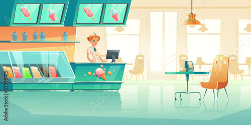 Ice cream shop with seller behind counter, fridge, tables with chairs. Vector cartoon interior of cafe with ice cream in freezer, italian gelateria or parlor with sundae and milkshake