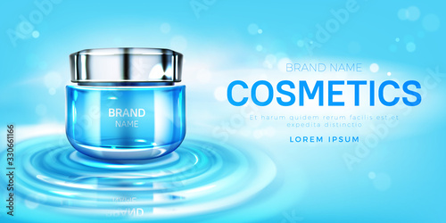 Cosmetics cream jar mock up banner with beauty skin care moisturize product tube on water surface. Cosmetic cream bottle package design background for magazine promo. Realistic 3d vector illustration