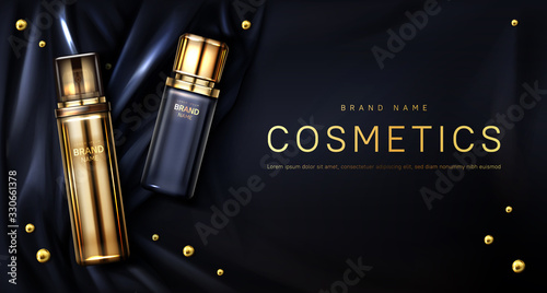 Perfume bottle on black silk folded fabric background. Glass flask with liquid and gold scattered pearls. Scent fragrance package design mockup, beauty cosmetic banner Realistic 3d vector illustration