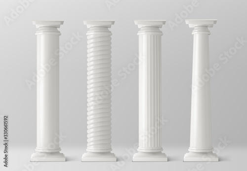 Antique pillars set isolated on white background. Ancient classic stone columns of roman or greece architecture with twisted and groove ornament for interior facade design Realistic 3d vector mockup