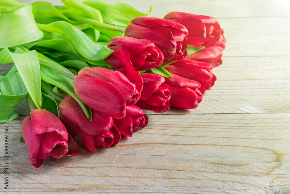 Festive greeting card with bouquet of blooming red tulips. Spring background with copy space. Festive greeting card with bouquet of blooming red tulips. Spring background with copy space.