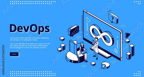 Devops isometric landing page, development and operation specialists work collaboration. Programmer and businesswoman at huge pc. Automation cycles software construction. 3d vector line art web banner